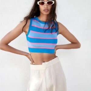 Zara Blue & Pink Striped Sleeveless Cropped Tank